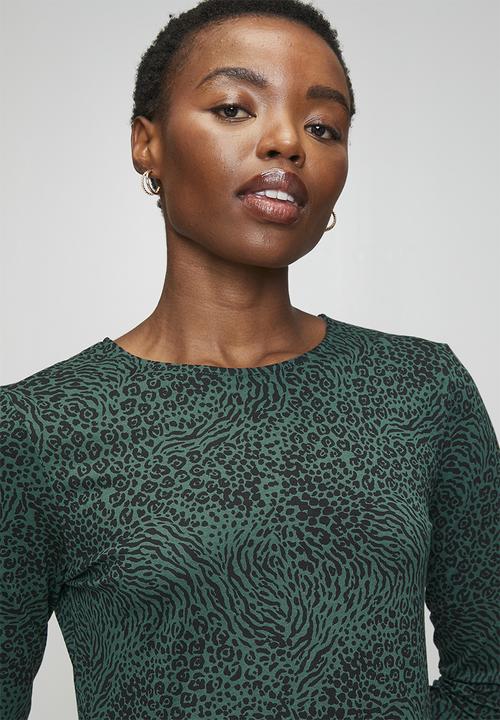 Ladies Long Sleeve Smock Midi Dress - Black/Green