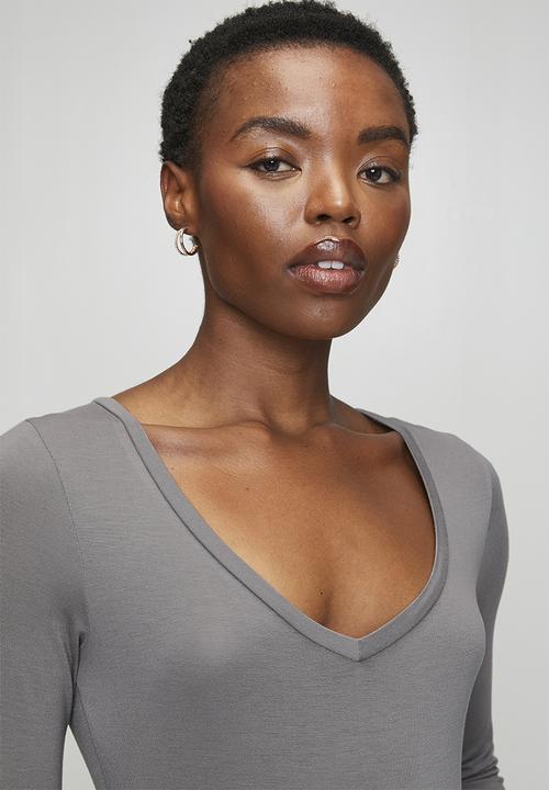 Brave Soul - Ladies V Neck Long Sleeve Bodysuit - Slate