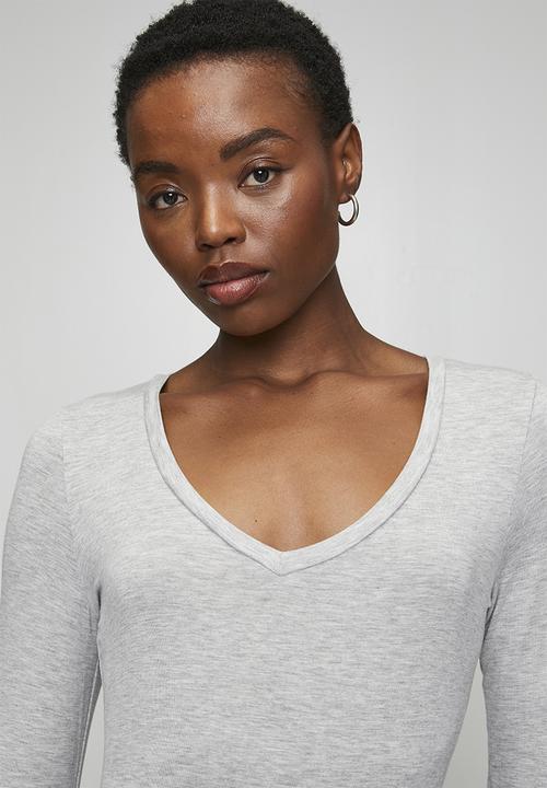 Brave Soul - Ladies V Neck Long Sleeve Bodysuit - Grey Marl