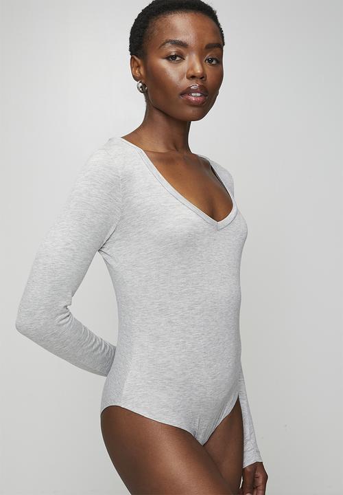 Brave Soul - Ladies V Neck Long Sleeve Bodysuit - Grey Marl