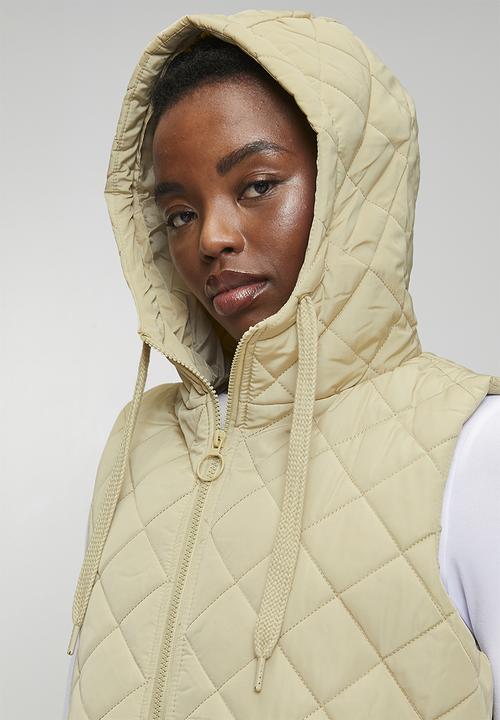 Brave Soul - Ladies Diamond Quilted Hooded Long Gilet - Stone