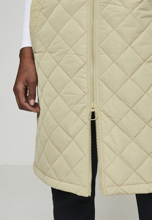 Brave Soul - Ladies Diamond Quilted Hooded Long Gilet - Stone