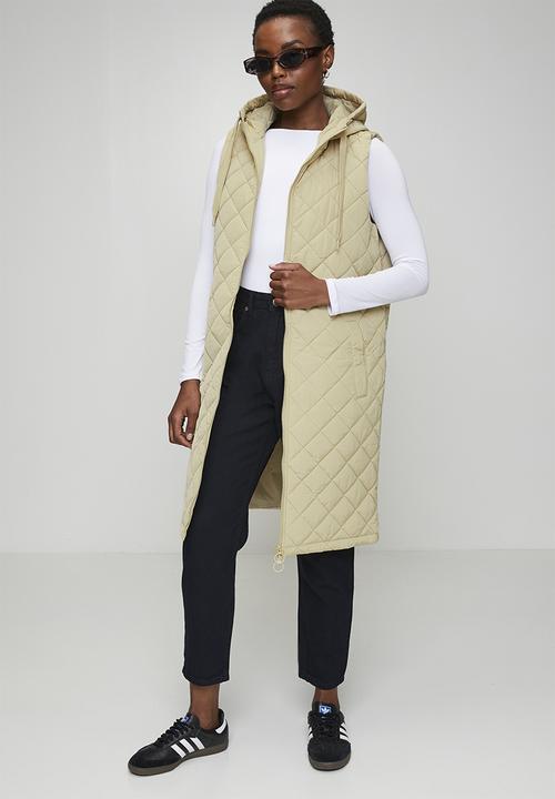 Brave Soul - Ladies Diamond Quilted Hooded Long Gilet - Stone