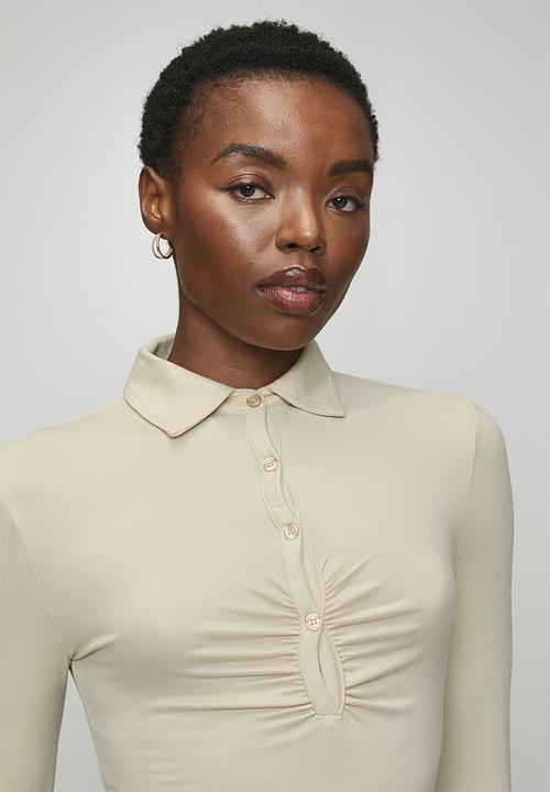 Brave Soul - Ladies Button Through Long Sleeve Bodysuit - Pistachio Shell