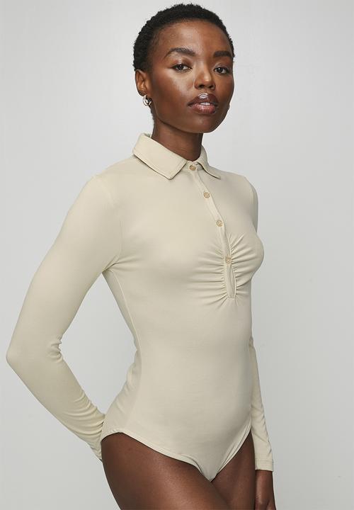 Brave Soul - Ladies Button Through Long Sleeve Bodysuit - Pistachio Shell