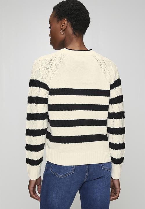 Brave Soul - Ladies Cable Knit Crew Neck Raglan Jumper With Stripe Detail - Ivory/Black Stripe