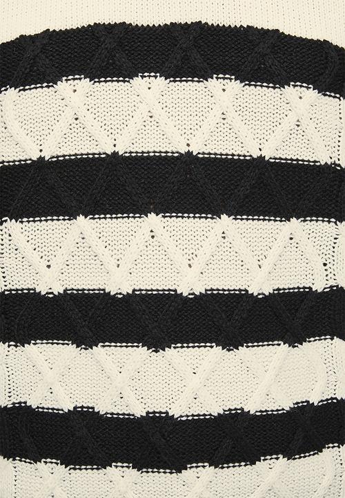 Brave Soul - Ladies Cable Knit Crew Neck Raglan Jumper With Stripe Detail - Ivory/Black Stripe