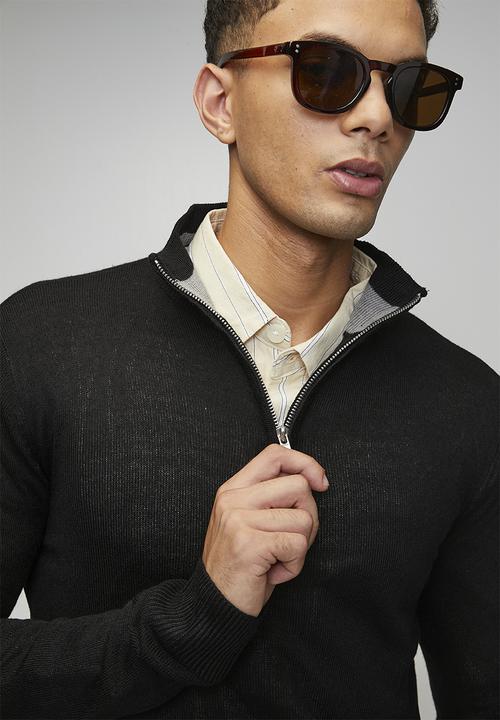 Brave Soul - 1/4 Concealed Zip Finnel Knitted Top  - Jet Black
