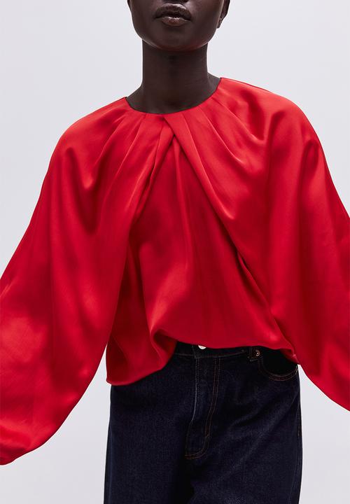 H&M - Balloon-sleeved satin blouse - bright red