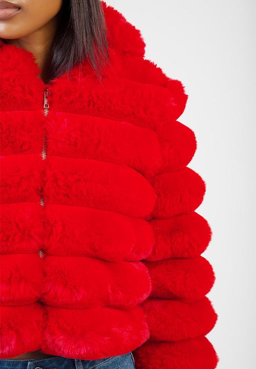 SISSY BOY - Sweet And Simple Cropped Jacket Faux Fur Quilted Jacket With Hood - Red