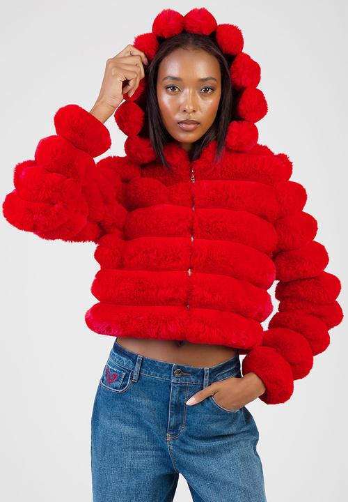 SISSY BOY - Sweet And Simple Cropped Jacket Faux Fur Quilted Jacket With Hood - Red