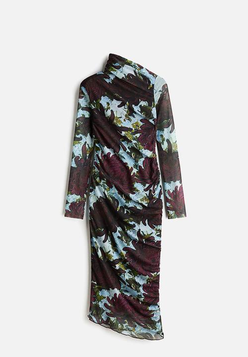 H&M Studio: Asymmetric mesh dress - dark plum purple/floral - 1328959001