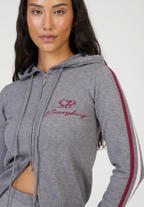 SISSY BOY - Most Loved Zip Through Knit Sweater Sporty Zip Through - Grey/Burgundy/Pink