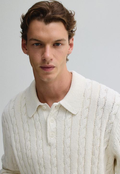 H&M - Regular fit cable knit polo jumper - cream 