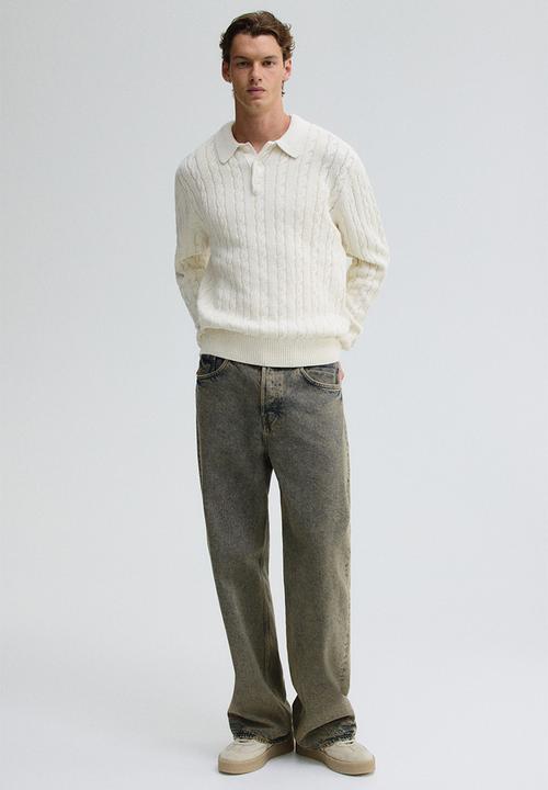 H&M - Regular fit cable knit polo jumper - cream 