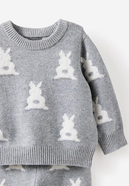 Cotton On - Bundle Organic Raglan Knit Sweater & Legging Set - Mid Grey Marle/Bunny Jacquard