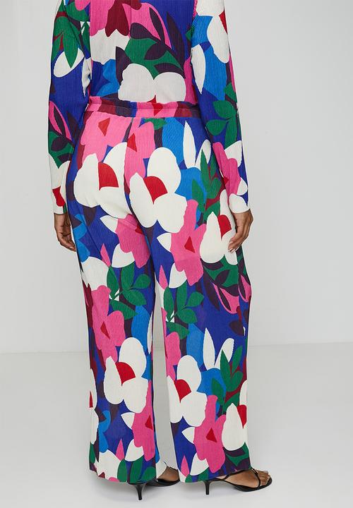 Me&B - Plus Tie Detail Plisse Pants in Bloom - Multi
