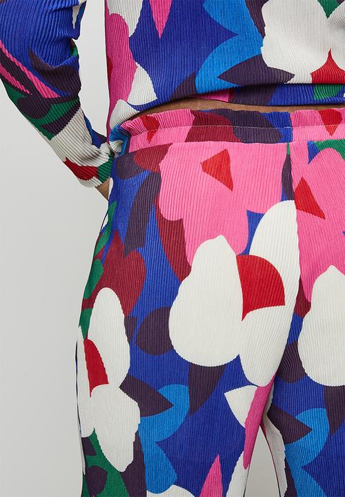 Me&B - Plus Tie Detail Plisse Pants in Bloom - Multi