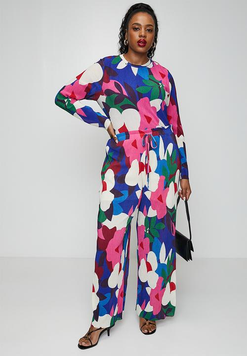 Me&B - Plus Tie Detail Plisse Pants in Bloom - Multi
