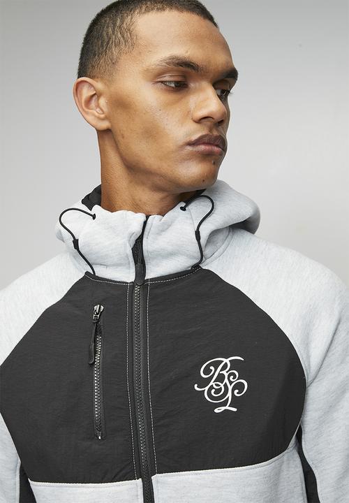 Brave Soul - A  Raglan Sleeve Higher Neck Piece Hood  Zip Through - Lt Grey Marl / Jet Black