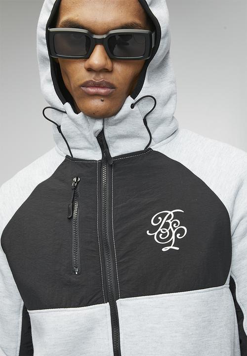 Brave Soul - A  Raglan Sleeve Higher Neck Piece Hood  Zip Through - Lt Grey Marl / Jet Black
