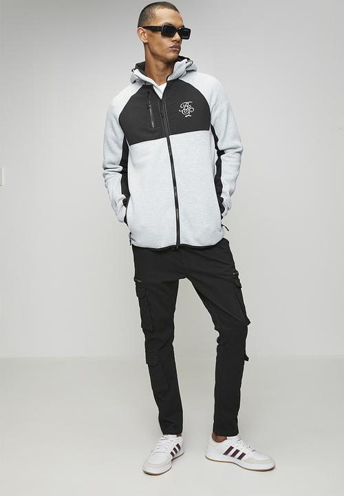 Brave Soul - A  Raglan Sleeve Higher Neck Piece Hood  Zip Through - Lt Grey Marl / Jet Black