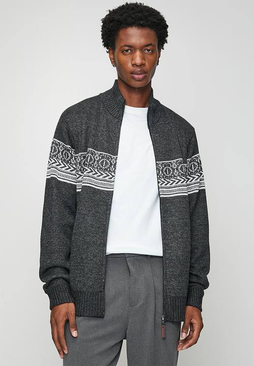 Brave Soul - Full Zip Through Funnel Neck Jumper - Jet Black & Grey Twist / Ecru