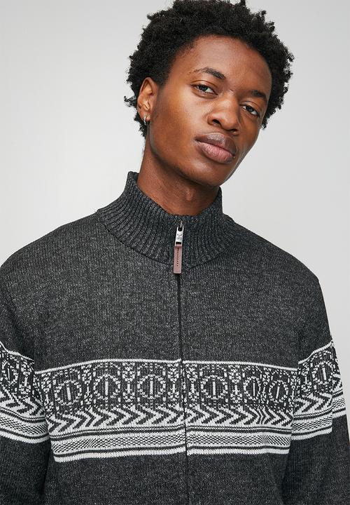 Brave Soul - Full Zip Through Funnel Neck Jumper - Jet Black & Grey Twist / Ecru