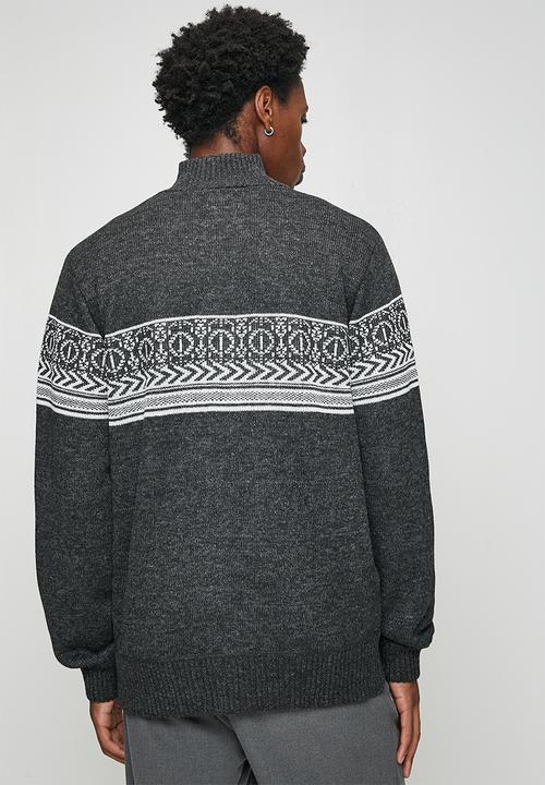 Brave Soul - Full Zip Through Funnel Neck Jumper - Jet Black & Grey Twist / Ecru