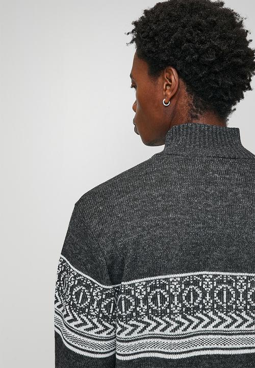 Brave Soul - Full Zip Through Funnel Neck Jumper - Jet Black & Grey Twist / Ecru