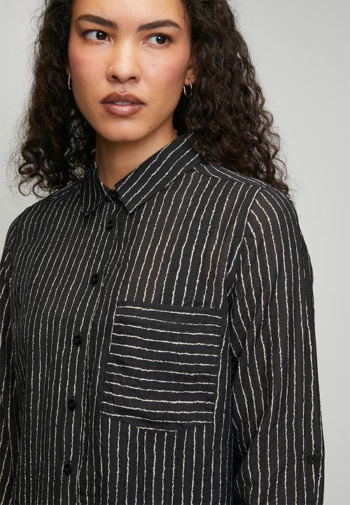 Stella Morgan - Long sleeve Sheer Stripe Button Through With Collar Blouse - Black