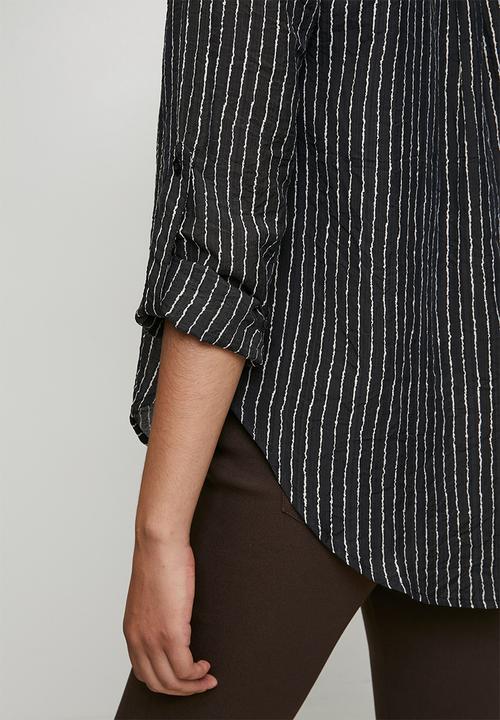 Stella Morgan - Long sleeve Sheer Stripe Button Through With Collar Blouse - Black