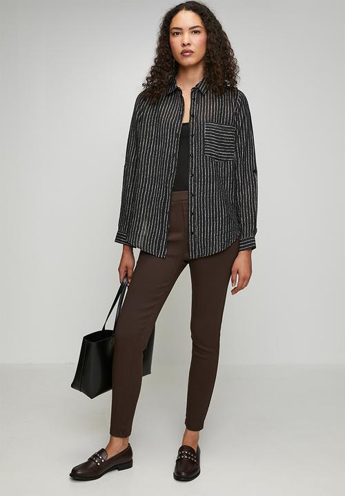 Stella Morgan - Long sleeve Sheer Stripe Button Through With Collar Blouse - Black
