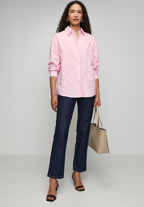 Stella Morgan - Ls Boyfriend Shirt With All Over Heart Embroidery - Light Pink