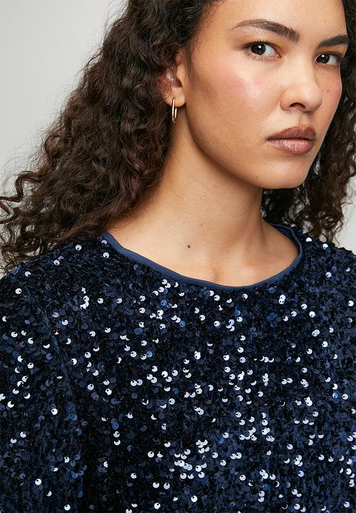 Stella Morgan - Loose Crew Neck Sequin Top With Key Hole And Satin Bow At Back - Navy
