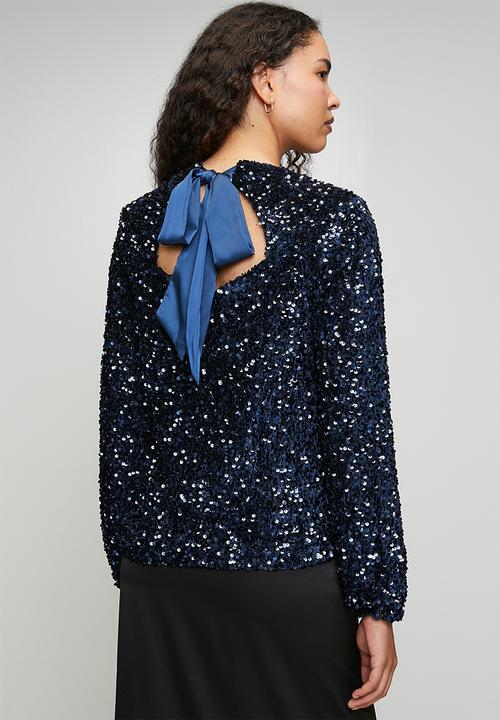 Stella Morgan - Loose Crew Neck Sequin Top With Key Hole And Satin Bow At Back - Navy