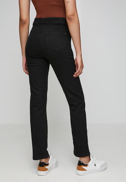 Izabel London - High Waisted Straight Leg Denim Jean Inside Hugger Elastic - Black