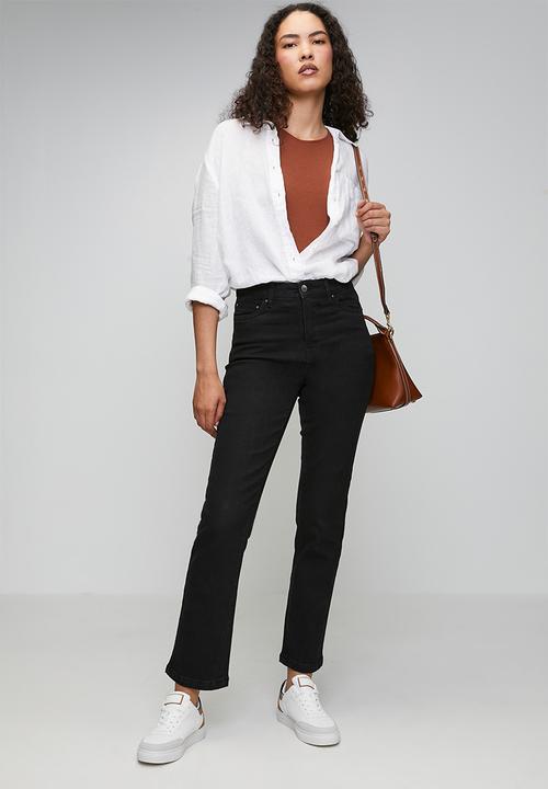 Izabel London - High Waisted Straight Leg Denim Jean Inside Hugger Elastic - Black