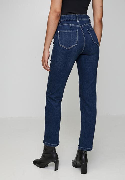 Izabel London - High Waisted Straight Leg Denim Jean Inside Hugger Elastic - Dark Denim