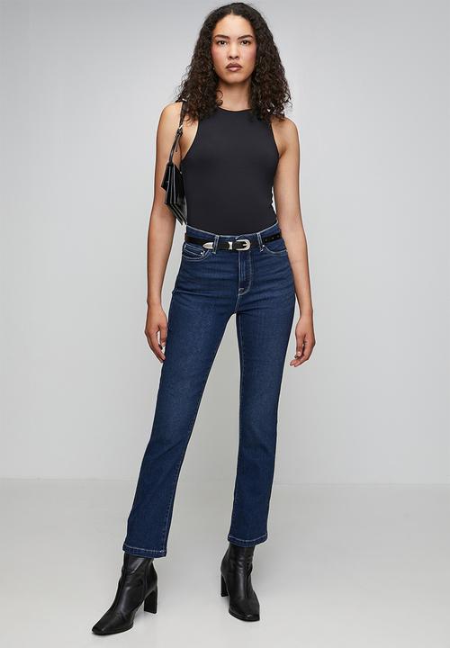 Izabel London - High Waisted Straight Leg Denim Jean Inside Hugger Elastic - Dark Denim