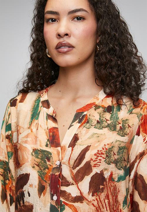 Izabel London - Button Through Sheer Printed Longer Length Blouse - Orange