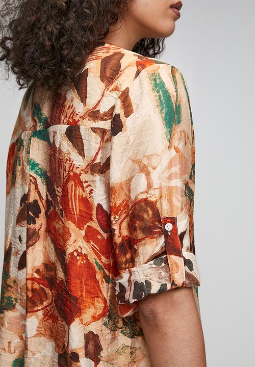Izabel London - Button Through Sheer Printed Longer Length Blouse - Orange
