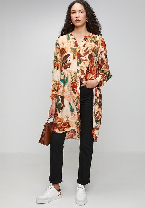 Izabel London - Button Through Sheer Printed Longer Length Blouse - Orange
