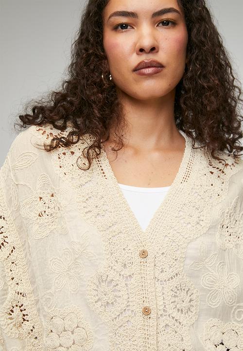 MANDI - Easy Wearing Batwing Sleeve Crochet 3 Buttoned Top - Beige