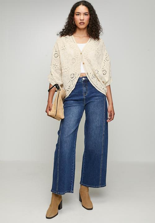 MANDI - Easy Wearing Batwing Sleeve Crochet 3 Buttoned Top - Beige