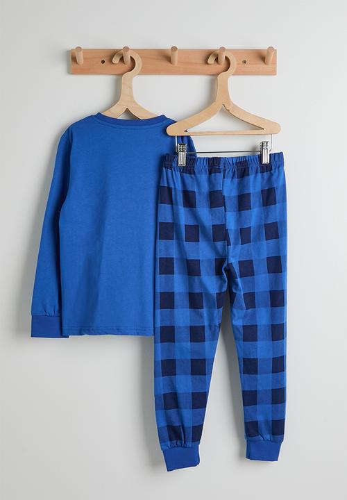 Pop Candy - Embroidered dino placement print pj set - blue/blue gingham