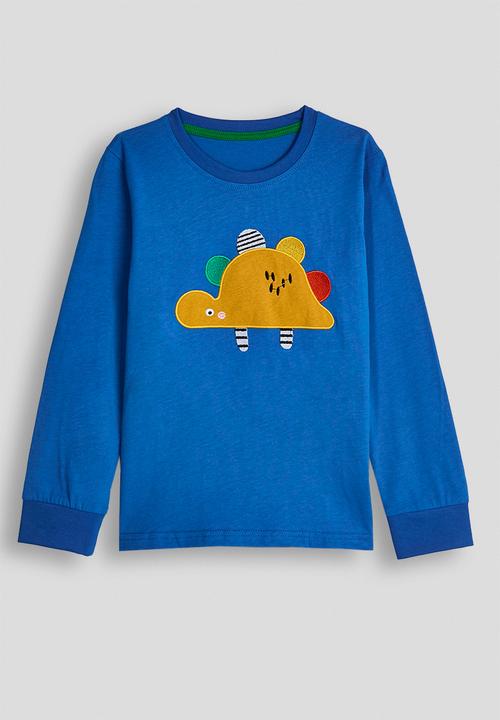 Pop Candy - Embroidered dino placement print pj set - blue/blue gingham