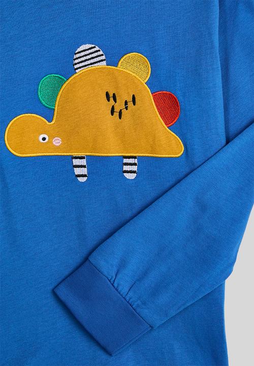 Pop Candy - Embroidered dino placement print pj set - blue/blue gingham
