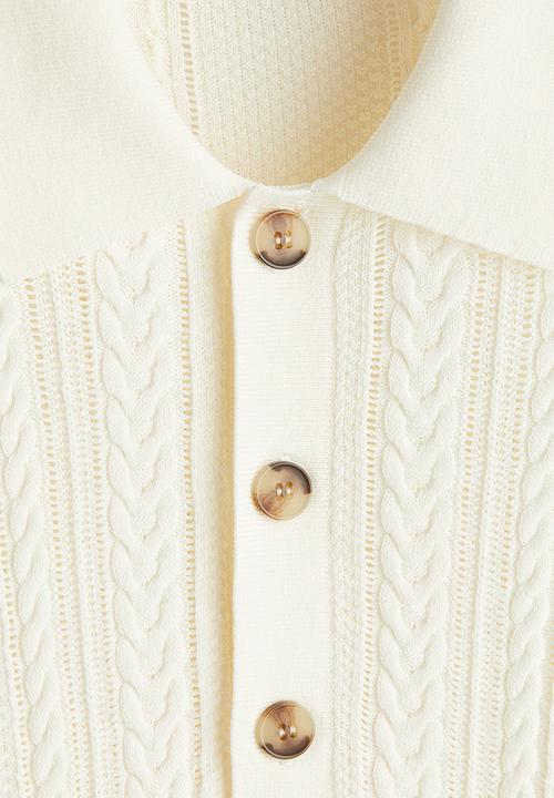 H&M - Regular fit cable-knit polo shirt - cream 