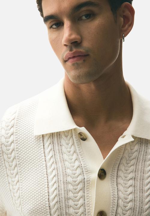 Regular fit cable-knit polo shirt - cream - 1297743001